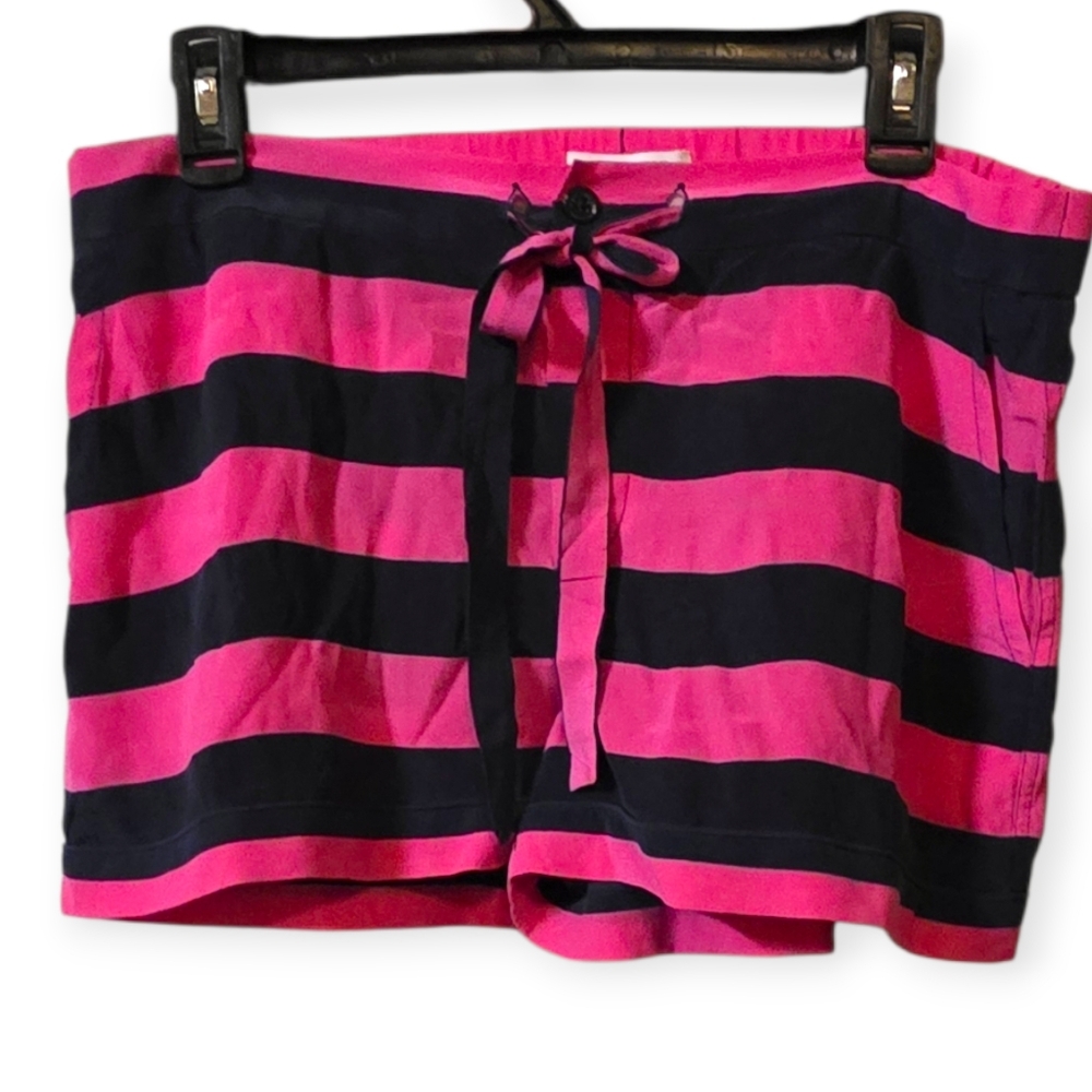 Equipment Femme Pink and Navy Striped Silk Shorts